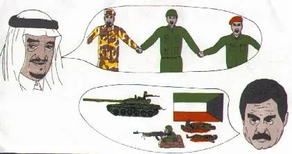 A leaflet drawn in two speech bubbles: a Gulf ruler in a headdress imagining three soldiers holding hands; a man with a moustache imagining a tank, a flag of Kuwait and fallen soldiers