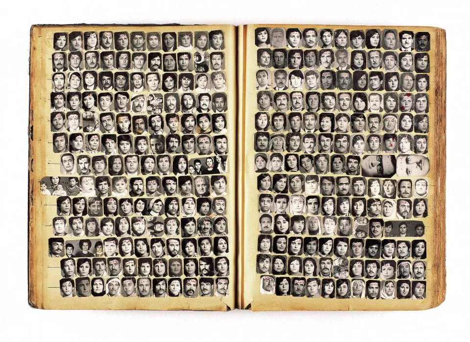 A second spread of the same book: both pages gridded with hundreds of small identity-portrait headshots, each annotated in red