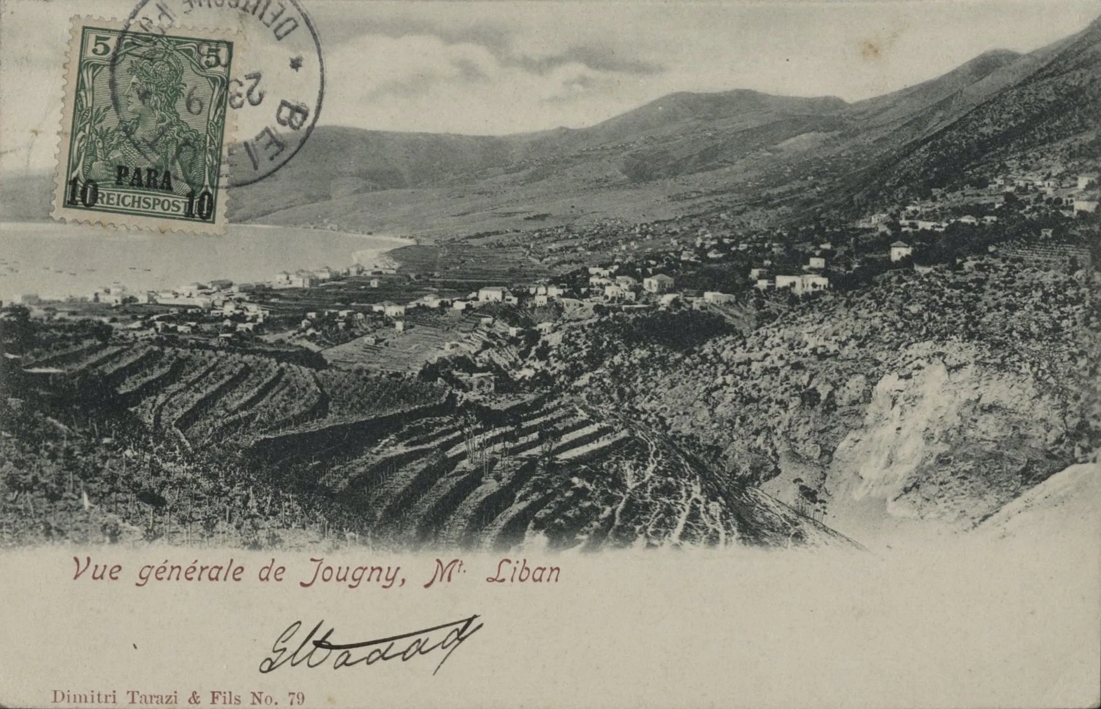 Early postcard, 'Vue générale de Jougny, Mt Liban,' with a green ten-para stamp and handwritten signature