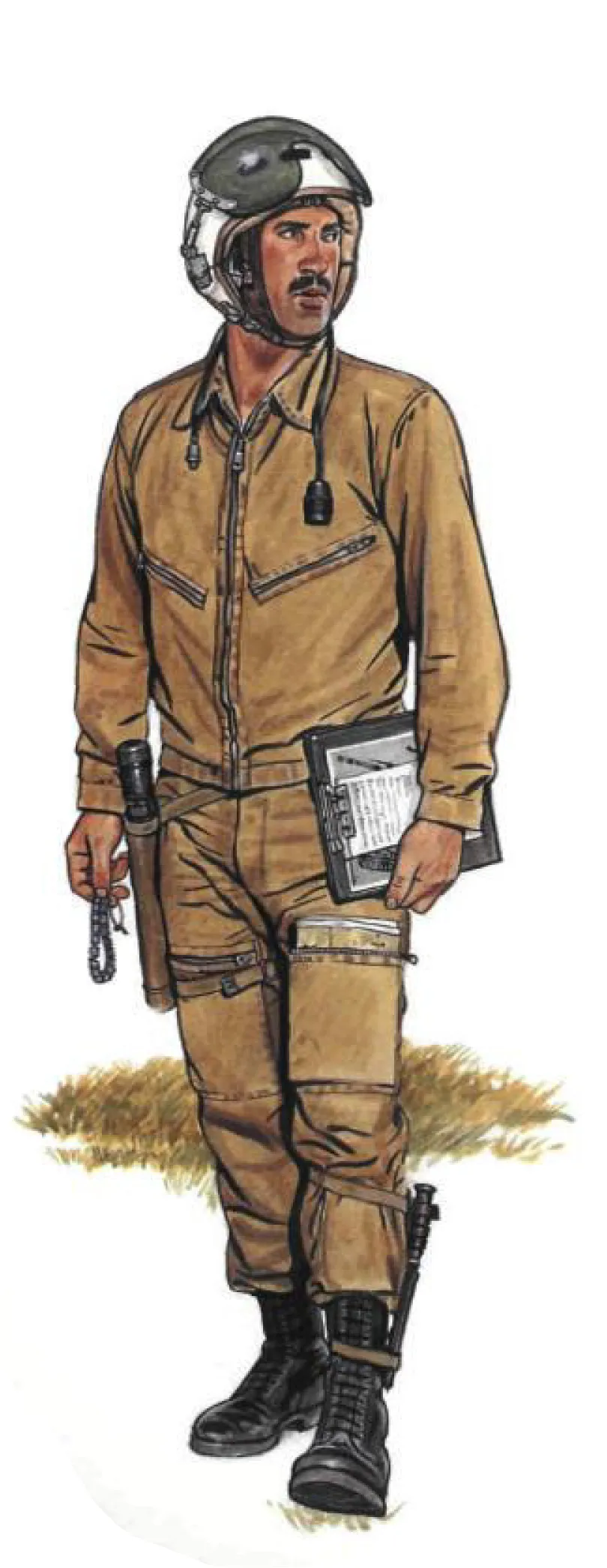 Colour plate of a soldier in a tan flight suit and helmet, a notebook under one arm and a pistol in his hand.