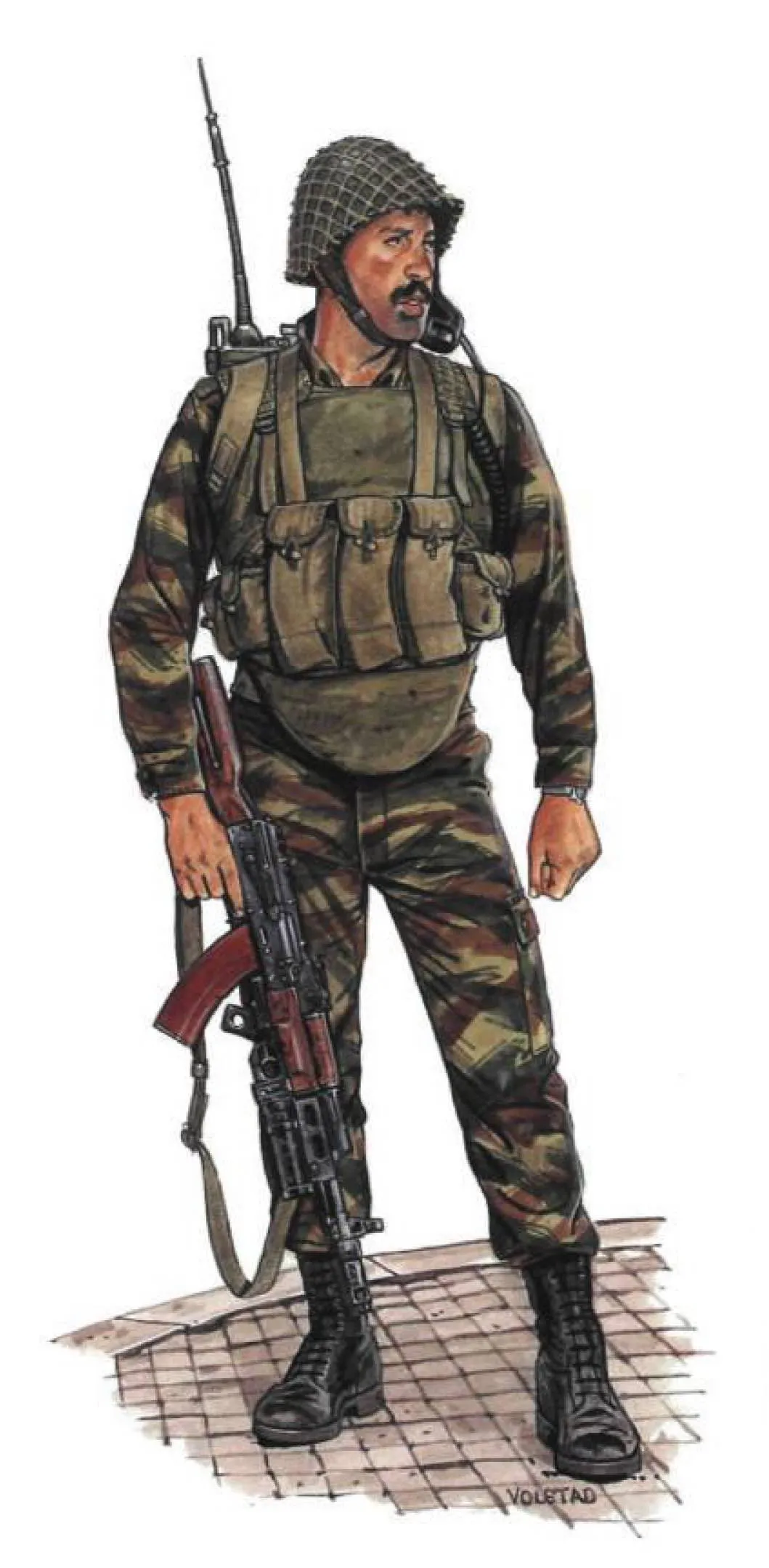 Colour plate of a soldier in camouflage, helmet and webbing, holding a rifle, standing on a tiled floor.