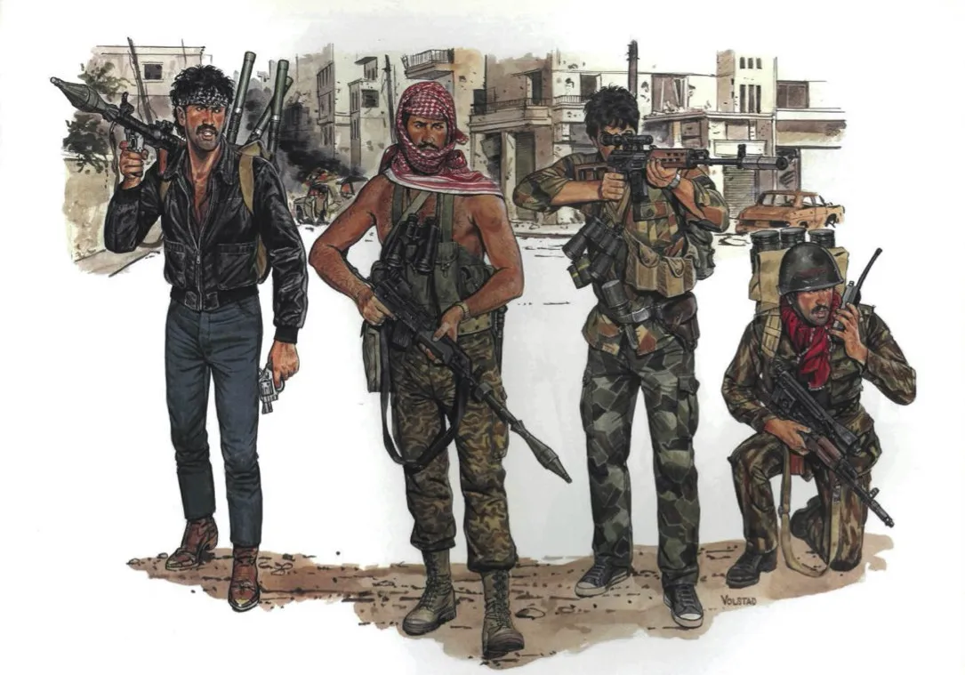 Colour plate of four militiamen with rifles and a rocket launcher in a ruined street.